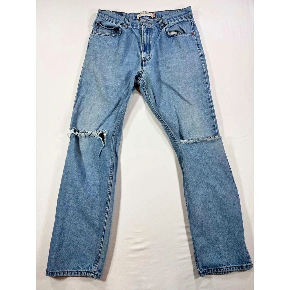 Levis 505 Regular Fit Light Wash Distressed Blue Jeans Mens 34x32 100% Cotton
